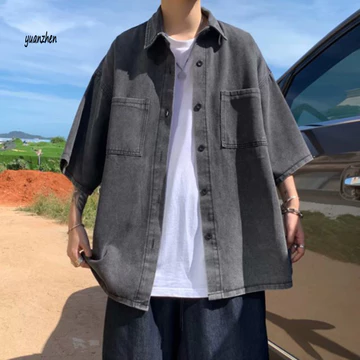 < yuanzhen > Áo sơ mi nam cổ áo sơ mi cổ áo sơ mi mùa hè dành cho nam mùa hè Áo sơ mi Denim tay ngắn dáng rộng vừa vặn với túi ngực Cổ áo ve áo cho hàng ngày
