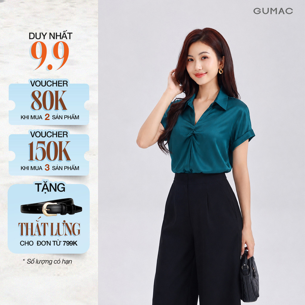 Áo Sơ Mi Nữ GUMAC Tay Ngắn Xoắn Ngực Chất Lụa Mềm Mát Thoải Mái Cả Ngày LAG05074