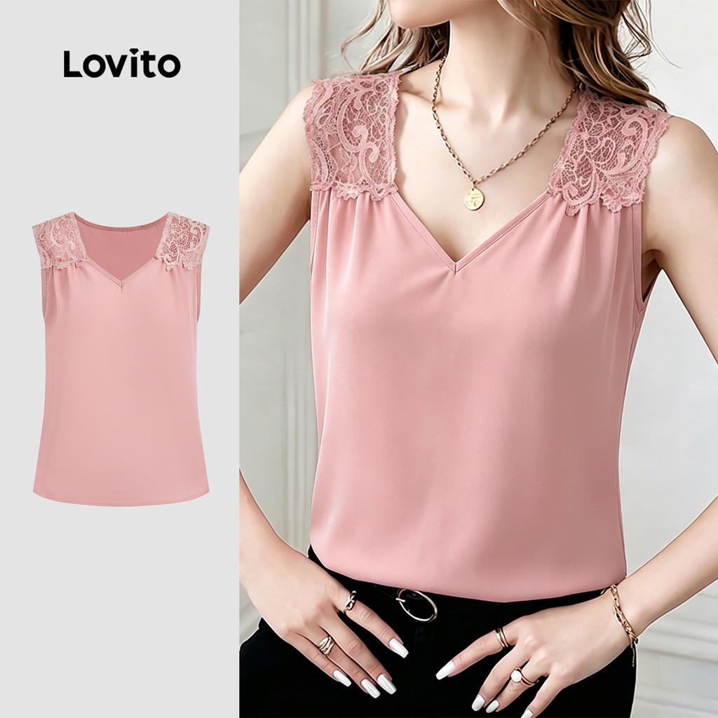 (New Arrival) Lovito Áo nữ hồng thời trang xuân hè xếp ly ren phong cách thường ngày TKK8P1D678