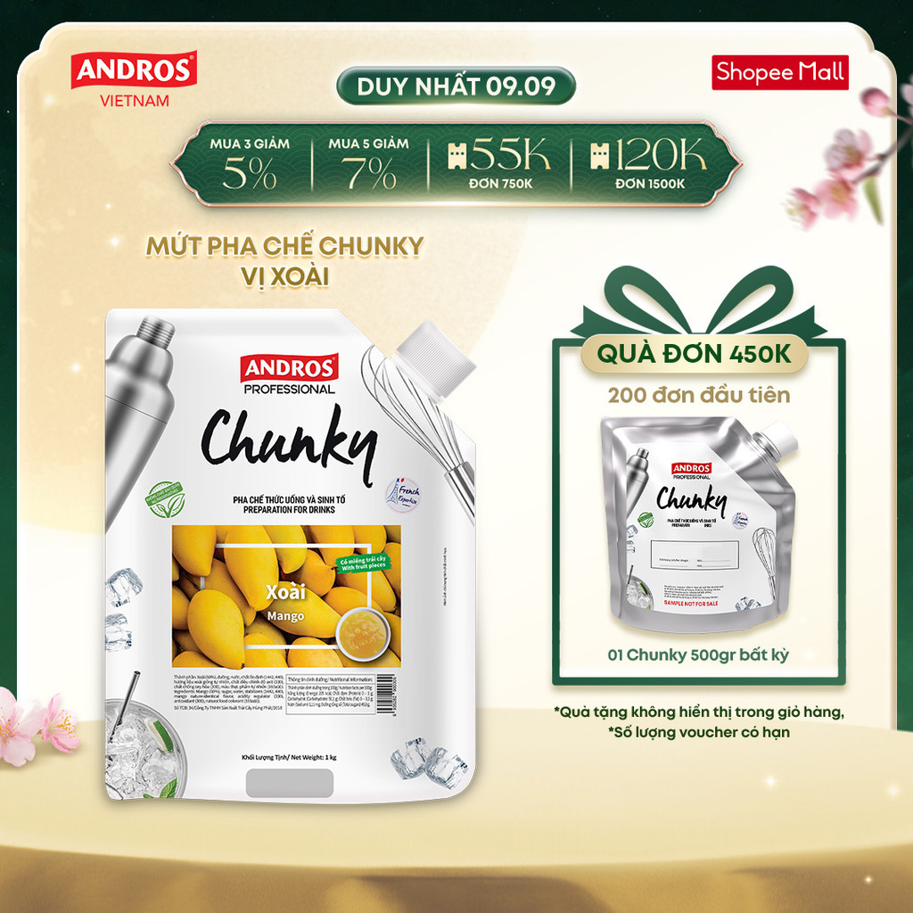 Mứt Trái Cây Pha Chế Xoài – Có miếng trái cây thật – Nguyên liệu pha chế – ANDROS CHUNKY – 1kg