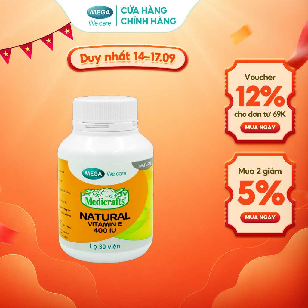 Viên uống bổ sung Vitamin E Mega We Care MEDICRAFTS® NATURAL 400 IU bổ sung dự phòng và thiếu hụt E (30 viên) – TPBVSK