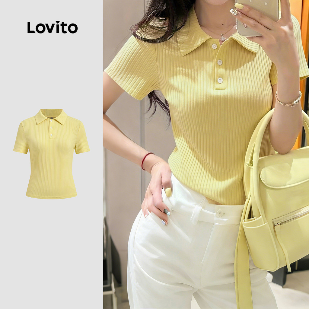 Áo thun nữ Lovito vàng nhạt xuân hè nút jacquard phong cách thường ngày LK4ED801