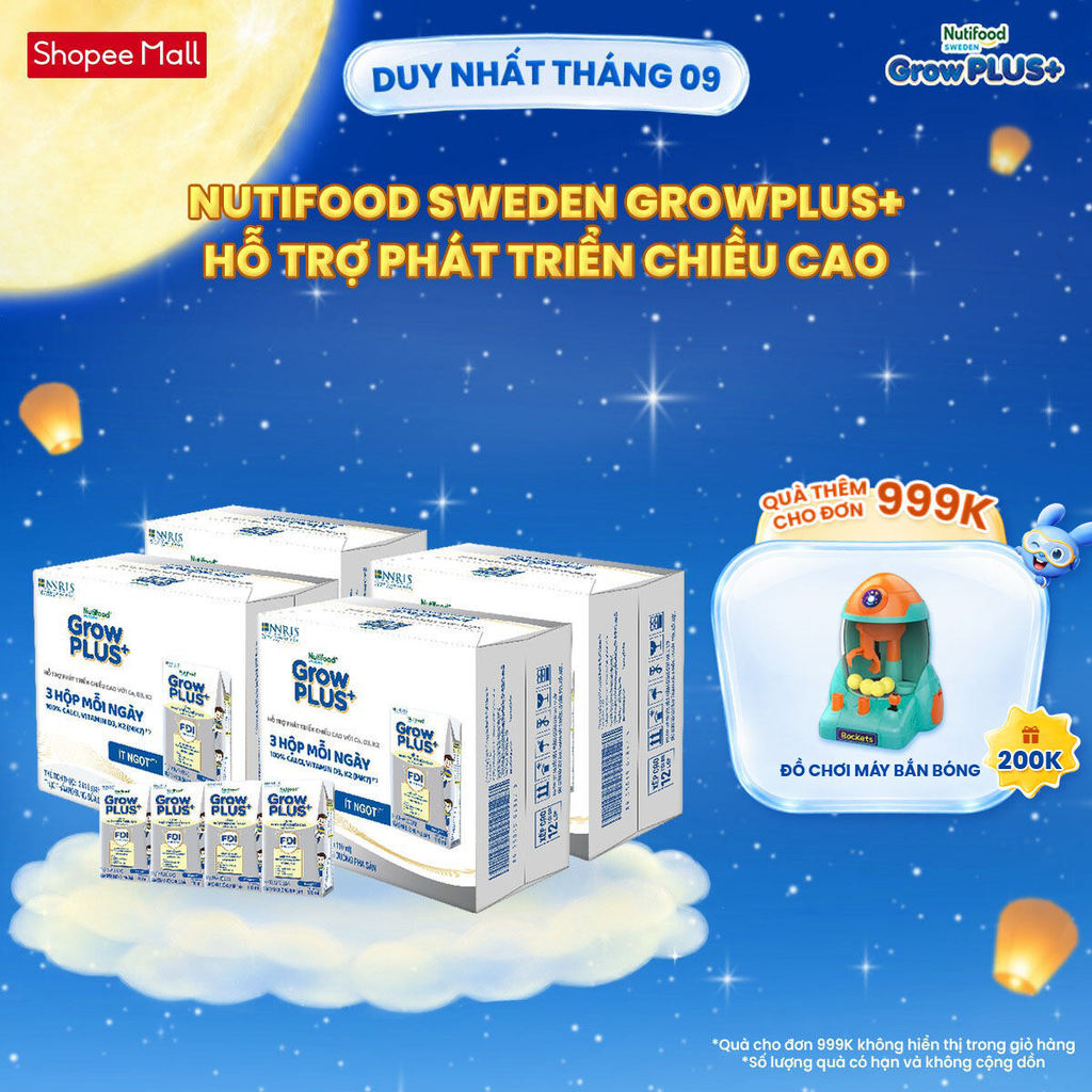 Combo 4 Thùng 24 hộp Sữa Bột Pha Sẵn Nutifood Sweden GrowPLUS+ Cao lớn vượt trội hộp 110 ml