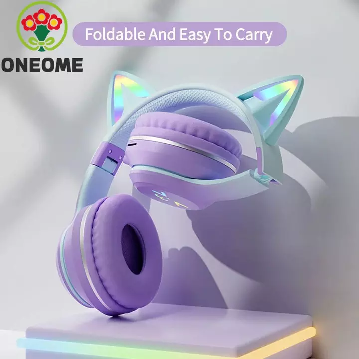 Tai nghe Bluetooth tai mèo ONEOME, Tai nghe không dây chuyển màu tai mèo ABS, Tai nghe không dây Bluetooth không dây có micrô Tai mèo qua tai Tai nghe máy tính Máy nghe MP3