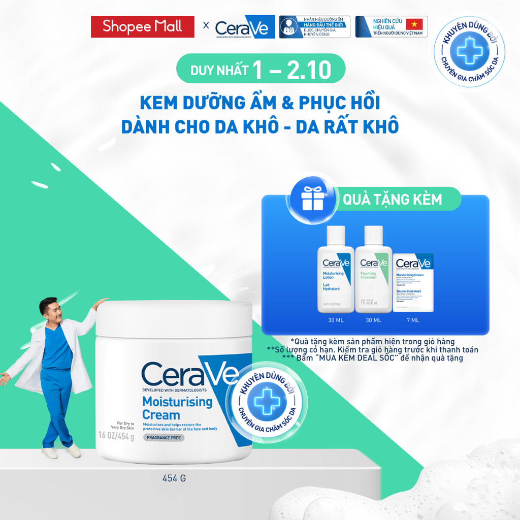 Kem dưỡng ẩm phục hồi sâu và ẩm mịn suốt 48H dành cho da khô, duy trì hàng rào bảo vệ da CERAVE MOISTURISING CREAM 454G