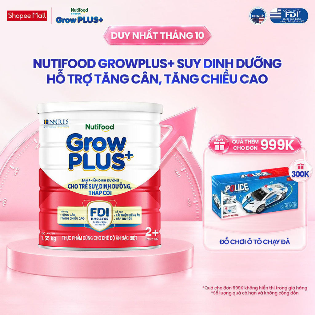 Sữa bột Nutifood GrowPLUS+ Suy Dinh Dưỡng (Đỏ) 2+ Tăng Cân, Tăng Chiều Cao (Lon 1,65 Kg)