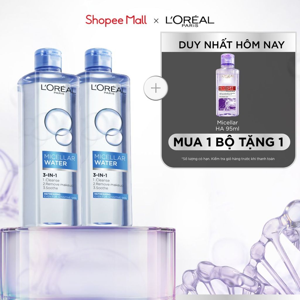Bộ 2 nước tẩy trang đa năng 3in1 tươi mát L'Oreal Paris (xanh dương nhạt) 400ml