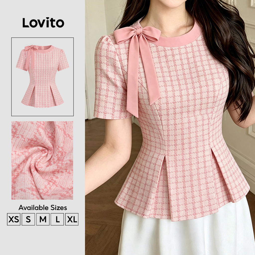 Lovito Áo Blouse Hoa Nhí Thanh Lịch Tay Ngắn Cổ Tròn Dây Buộc Xếp Ly Mùa Xuân Hè Đi Tiệc Đêm Màu Hồng Cho Nữ BLB203TD013