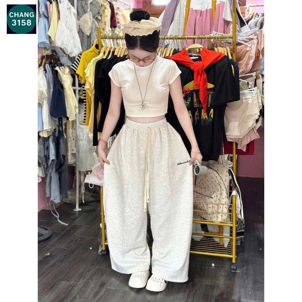 SÉT BỘ QUẦN ỐNG RỘNG DA CÁ DÁNG DÀI TRƠN+ MIX ÁO THUN TĂM CROPTOP TRƠN-CHANG3158