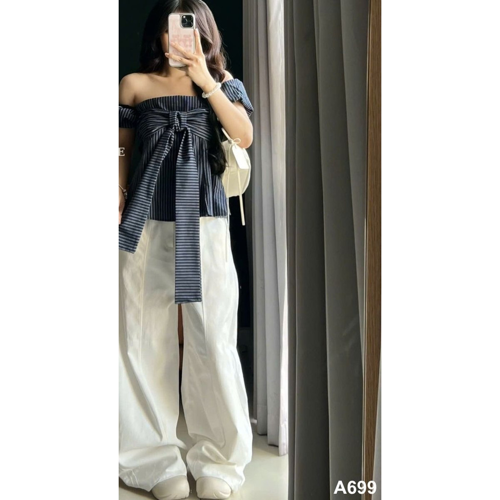 Áo kẻ trễ vai thắt dây ngực chiết eo tay bo chun mặc được nhiều kiểu (có cúc tháo rời) IVORY TOP_A699