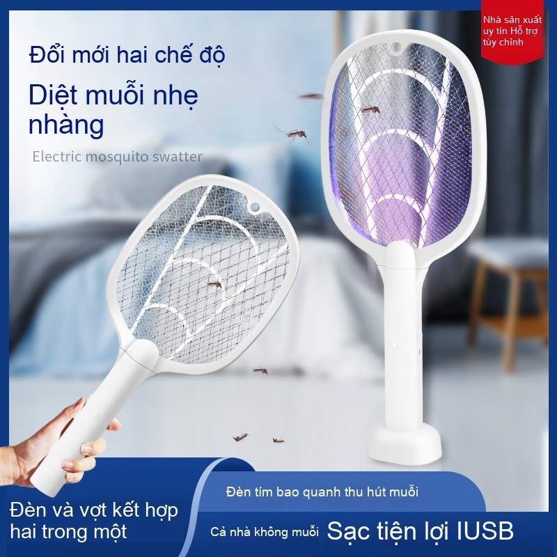 Cao Cấp Để Bàn Sạc USB Vợt Diệt Côn Trùng Để Bàn 3 Trong 1 Shintree Có Đèn Tự Động