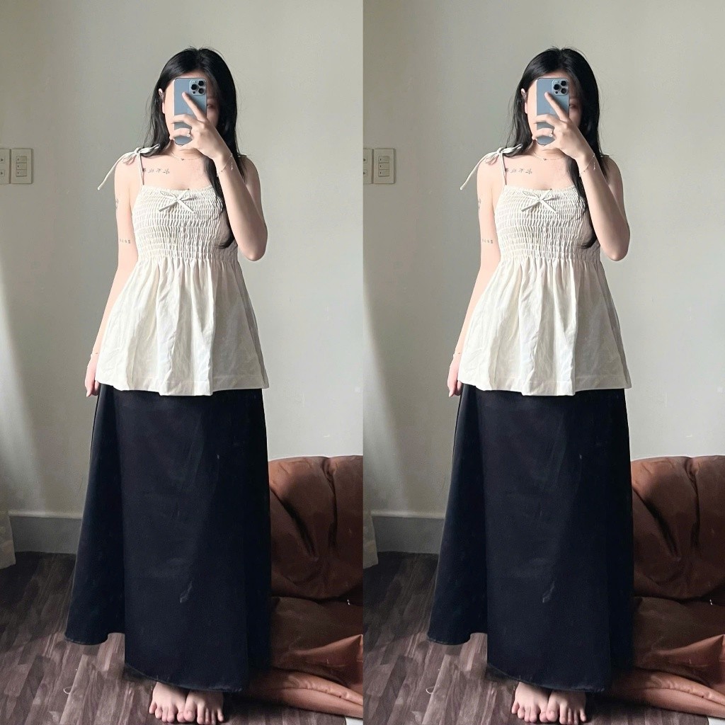 Áo hai dây sọc thổ cẩm mát thiết kế mocking nhún ôm dáng phối nơ điệu đà-A345 , A589