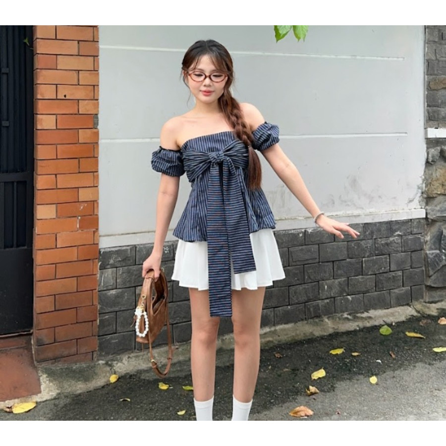 Áo Kiểu Nữ Kẻ Thắt Dây Ôm Eo Tay Bo Chun (tay tháo rời). Áo Sọc Cúp Ngực Phối Nơ Tay Phồng_A699