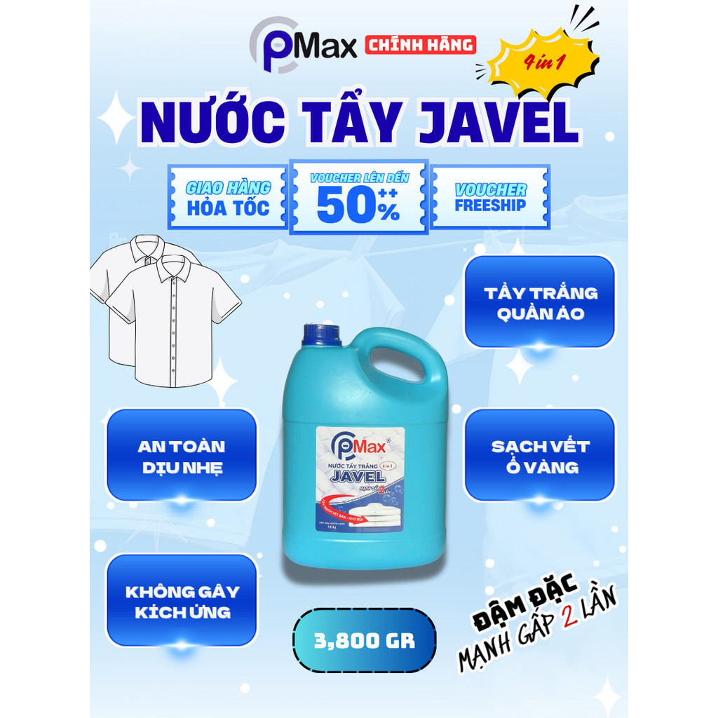 Tẩy Javel PMAX 4 in 1 Power x2 3.8kg- Sạch Nhanh, Khử Mùi, Diêt Khuẩn, Đa Dụng, Vệ Sinh Máy Giặt