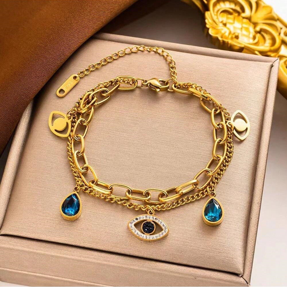 Vòng đeo tay mắt quỷ bằng thép titan mạ vàng 18K Nữ kim cương xanh phù hợp chống phai màu không gây dị ứng