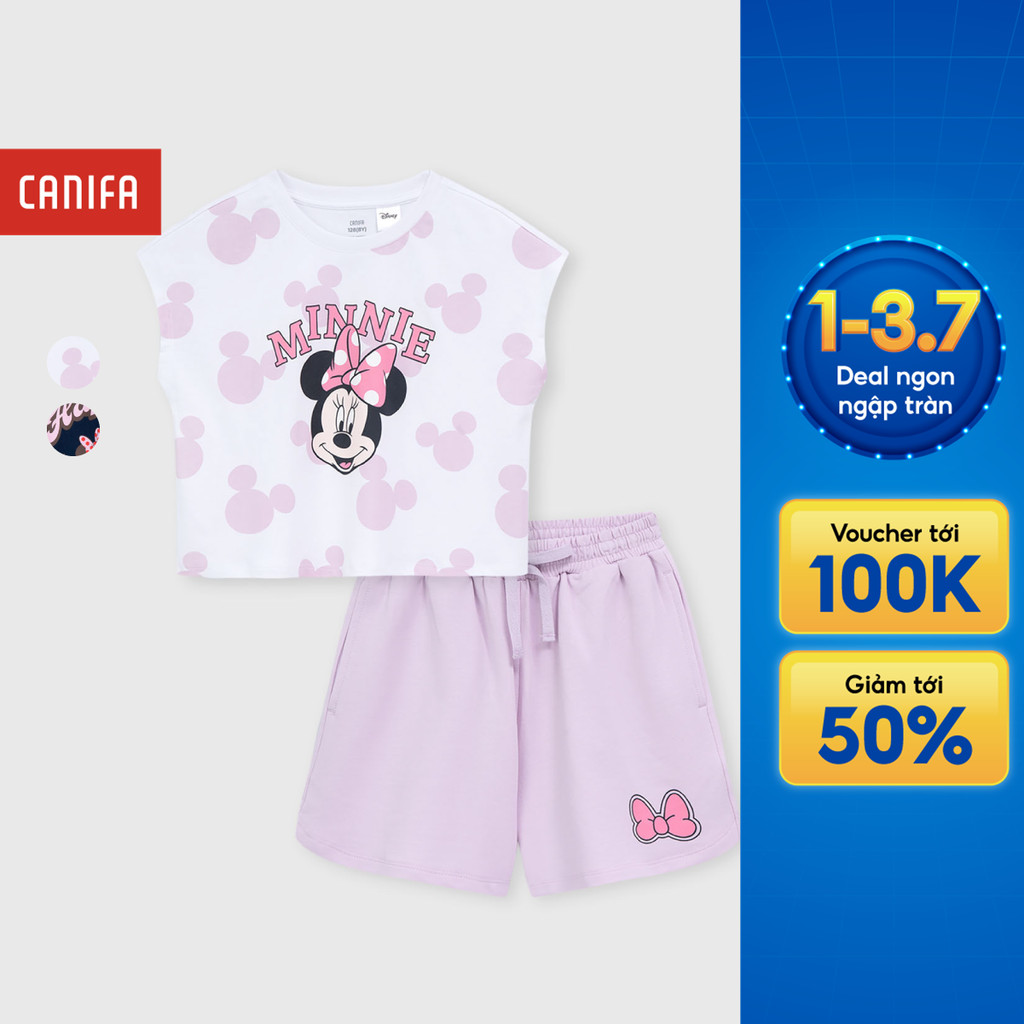 Bộ quần áo bé gái CANIFA áo sát nách quần short chất cotton USA in hình Mickey & Friends 1ST26S004