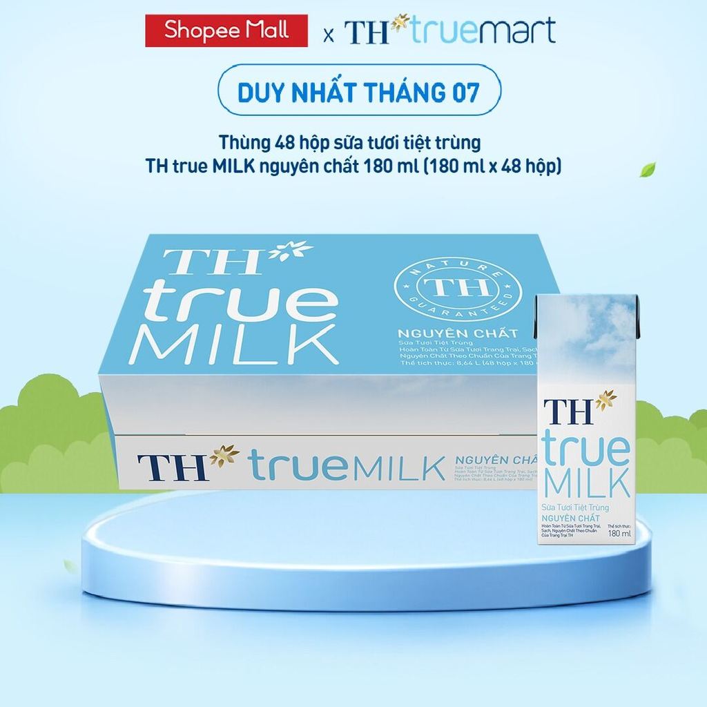[LIVE STREAM] Thùng 48 hộp sữa tươi tiệt trùng TH true MILK nguyên chất 180 ml (180 ml x 48)