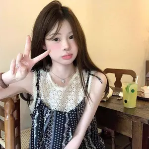 Thiết kế giả hai mảnh ren khâu áo Vest không tay Sling nữ mặc ngoài Áo sơ mi trẻ em phong cách phương Tây ngọt ngào Hàn Quốc