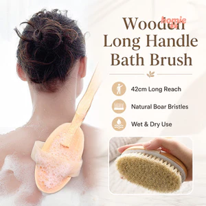 ✨Homie✨Bàn chải tắm cán dài bằng gỗ, lông lợn rừng, bàn chải chà lưng khi tắm, bàn chải massage tắm