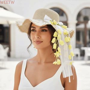 Mũ Chống Nắng WEETW, Mũ Rơm Ren Nơ Thoáng Khí, Áo Bonnet Mùa Hè Kết Cấu Dệt Rộng Vành Lưới Nhẹ Tấm Che Đi Biển Nữ Thanh Lịch