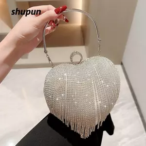 Túi dạ hội SHUPUN, Túi ăn tối hình trái tim trang trí bằng kim cương giả, Ví tua rua thời trang Tiệc cưới