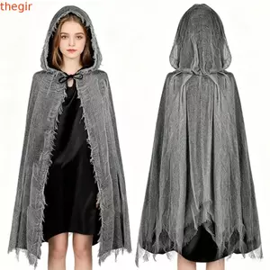 THEGIRL8B Áo choàng Halloween, Thiết kế có mũ trùm đầu Phong cách phóng đại Halloween Cosplay Cape, Thời trang Rách họa tiết Tattered Vải Unisex Halloween Ma Trang phục Tiệc Halloween