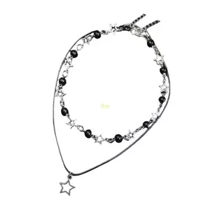 Flgo Hollow Pentagram Mặt Dây Chuyền Vòng Cổ Hai Lớp Dây Đeo Cổ Phụ Kiện Cho Bé Gái