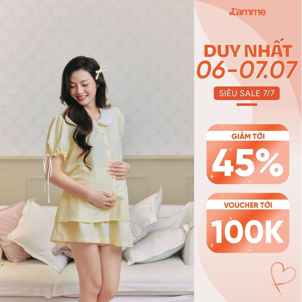 Bộ Đồ Bầu Cloudy L'amme - Bộ Mặc Nhà Chất Đũi Hàn Dập Hoa Nổi Mềm Mát, Thiết Kế Quần Giả Váy Kín Đáo