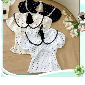 Áo Sơmi Cổ Sen Viền Ren Chấm Bi Hở Lưng Bo Chun Tay Ngắn Bồng Dễ Thương -- - Hieuvy Botique