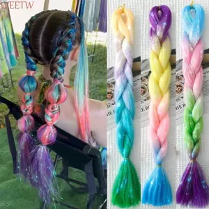 Phần mở rộng tóc bện 24 Inch WEETW, Tóc thẳng Yaki mềm Ombre với miếng thiếc lấp lánh, Dễ mặc và phong cách Móc bện DIY Hair Bling Bling Jumbo Braid dành cho nữ