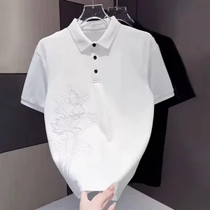 Đơn Giản Hợp Thời Trang Áo Sơ Mi POLO Nam Mùa Hè Phong Cách Trung Hoa Sen Thêu Thoáng Khí Ve Áo Slim-fit Áo polo Nam VSTV