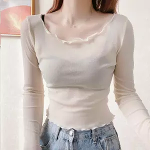 Áo sơ mi gạc ngắn Agaric Edge Cổ tròn lớn Váy treo phong cách mỏng có ren