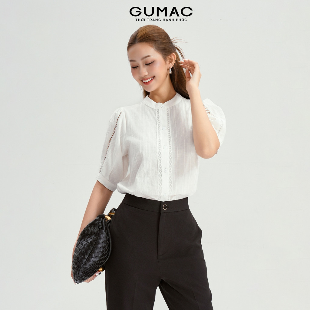 Áo Sơ Mi Nữ Cổ Trụ GUMAC Form Suông Tay Lửng Chất Liệu Xô Thêu Mỏng Nhẹ Phối Viền Ren AG01005