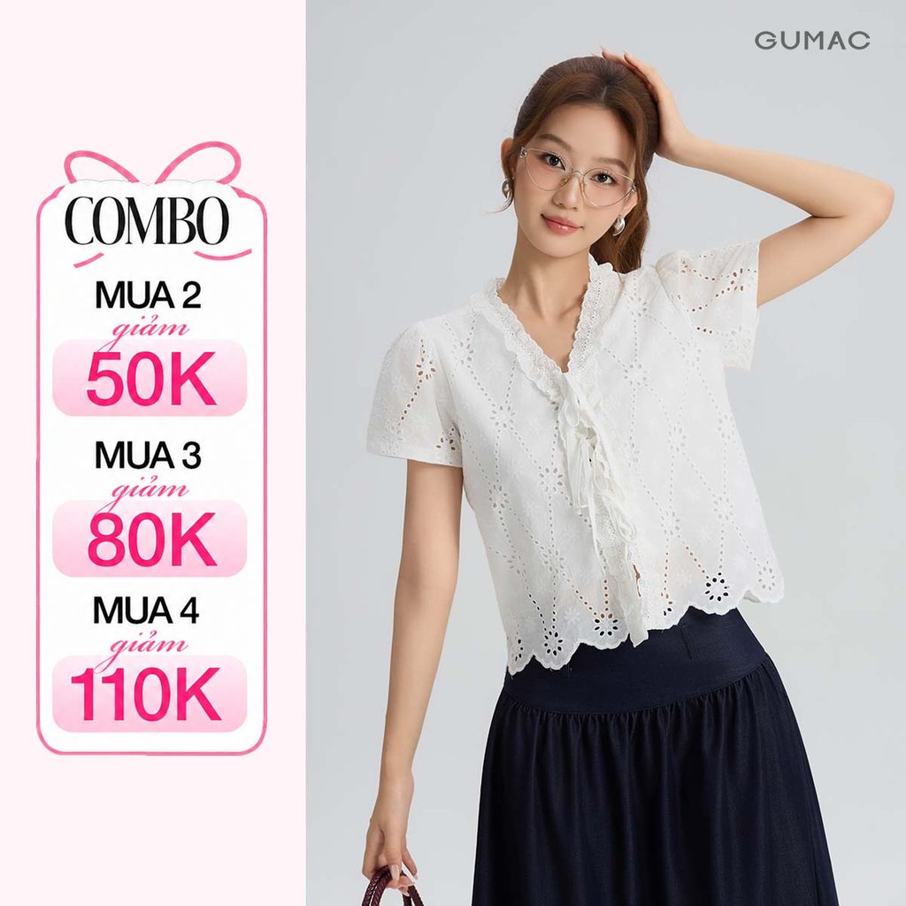 Áo Kiểu Nữ GUMAC Form Suông Lửng Tay Ngắn Cột Dây Cổ V Viền Ren Chất Xô Hoa 2 Lớp Nhẹ Nhàng YAG05062