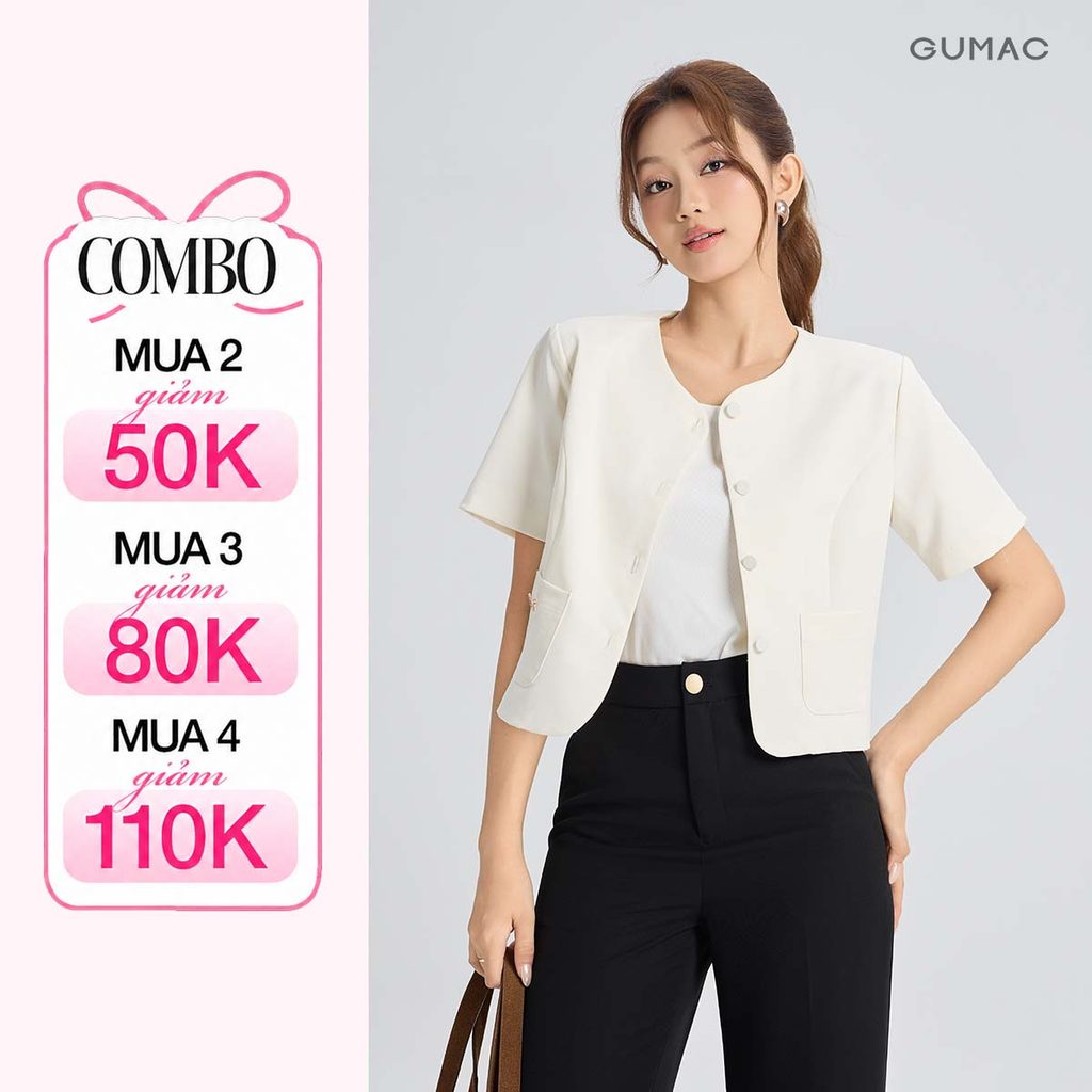 Áo Khoác Blazer Nữ Tay Ngắn GUMAC Form Suông Lửng Cổ Tròn Chất Cotton Xược Đứng Form Có Lớp Lót OWG05056
