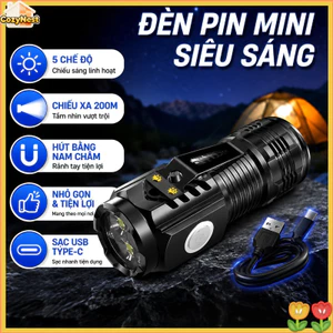 Đèn pin mini 3 mắt 5 chế độ, nam châm kẹp inox, chống nước IPX4, sạc USB, nhỏ gọn,Siêu Sáng