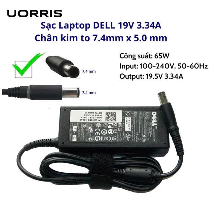 UORRIS Sạc Laptop Dell 19.5V-3.34A 65W, Sạc Laptop Dell 4.62A/90W Sạc dell Zin - Sạc dell chân to / chân nhỏ