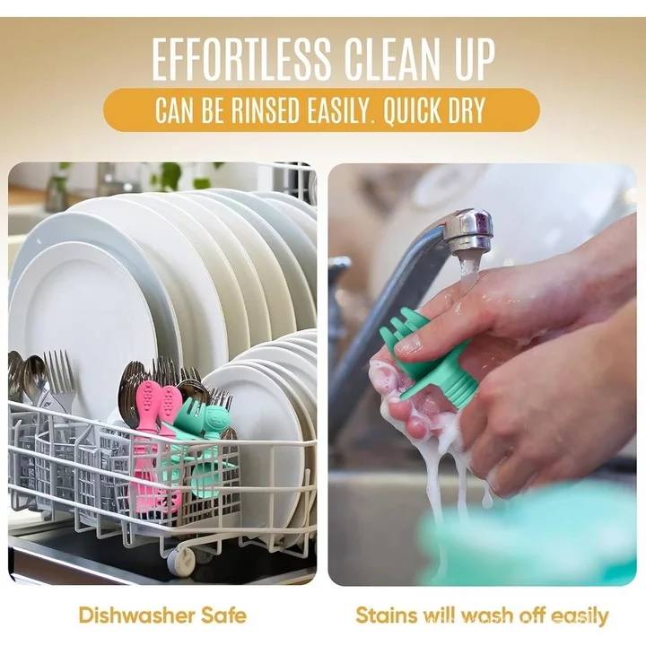 HippoBaby 4 thìa silicon cho bé Dụng cụ tự ăn 6-12 tháng - 3 thìa cho bé - 1 nĩa cho bé - Bộ dao kéo cho bé - Không chứa BPA, Máy rửa chén an toàn - Đồ cần thiết cho bé (P