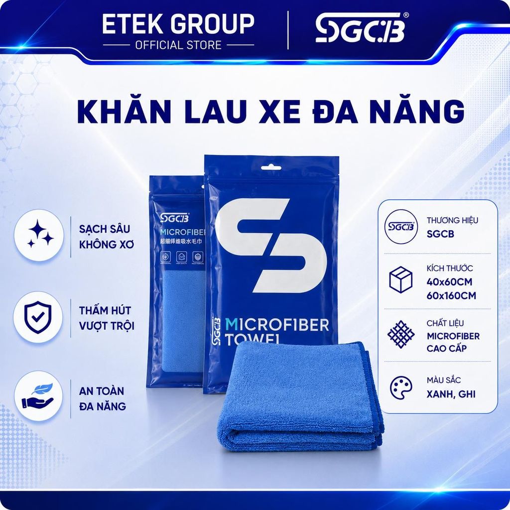 Khăn Lau Xe Microfiber SGCB Chính Hãng – Khăn Lau Ô Tô Siêu Thấm Hút, Lau Kính, Sơn Xe, Nội Thất