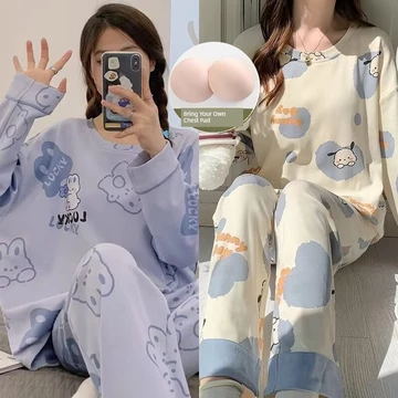 đồ bộ nữ đồ mặc nhà đồ ngủ nữ [Mua một tặng một] Bộ đồ ngủ kiểu mới có đệm ngực cho nữ bộ đồ cotton dài tay mùa xuân thu đồ mặc nhà học sinh ngọt ngào