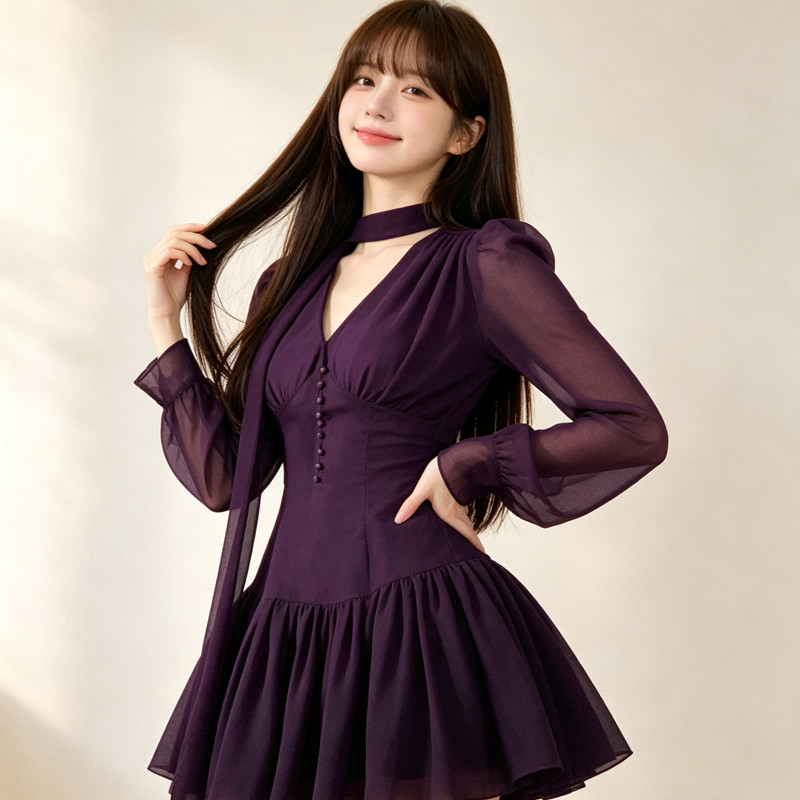 Váy voan dài tay cổ chữ v màu tím dành cho nữ Đầu thu Slim-Fit Tính khí Váy ngắn Yujie Ánh sáng phong cách trưởng thành hẹp