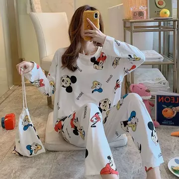 set thu đông nữ bộ đồ ngủ nữ dài tay Đồ ngủ nữ mùa xuân thu quần dài dài tay cardigan có giá trị cao hoạt hình thời trang cộng với kích thước nữ bộ đồ mặc nhà ngọt ngào