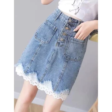 váy ngắn nữ chân váy ren Váy lửng denim viền ren, váy chữ a cạp cao phong cách Hàn Quốc mẫu mới xuân hè 2026 cho nữ, váy ôm mông, váy siêu hot instagram