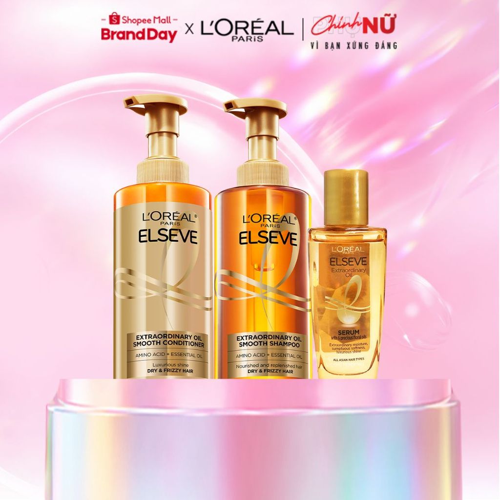 Bộ gội xả dưỡng tóc suôn mượt tóc cao cấp L'Oreal Paris Sleek 440ml x2 & Dầu dưỡng chiết xuất tinh dầu 30ml