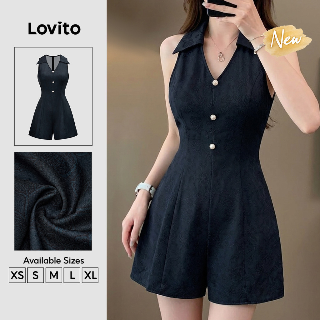 (New Arrival) Lovito Bộ áo liền quần nữ màu đen không Tay cài nút Phong cách thường ngày Cho mùa xuân hè và cuối tuần JRB205P2D377