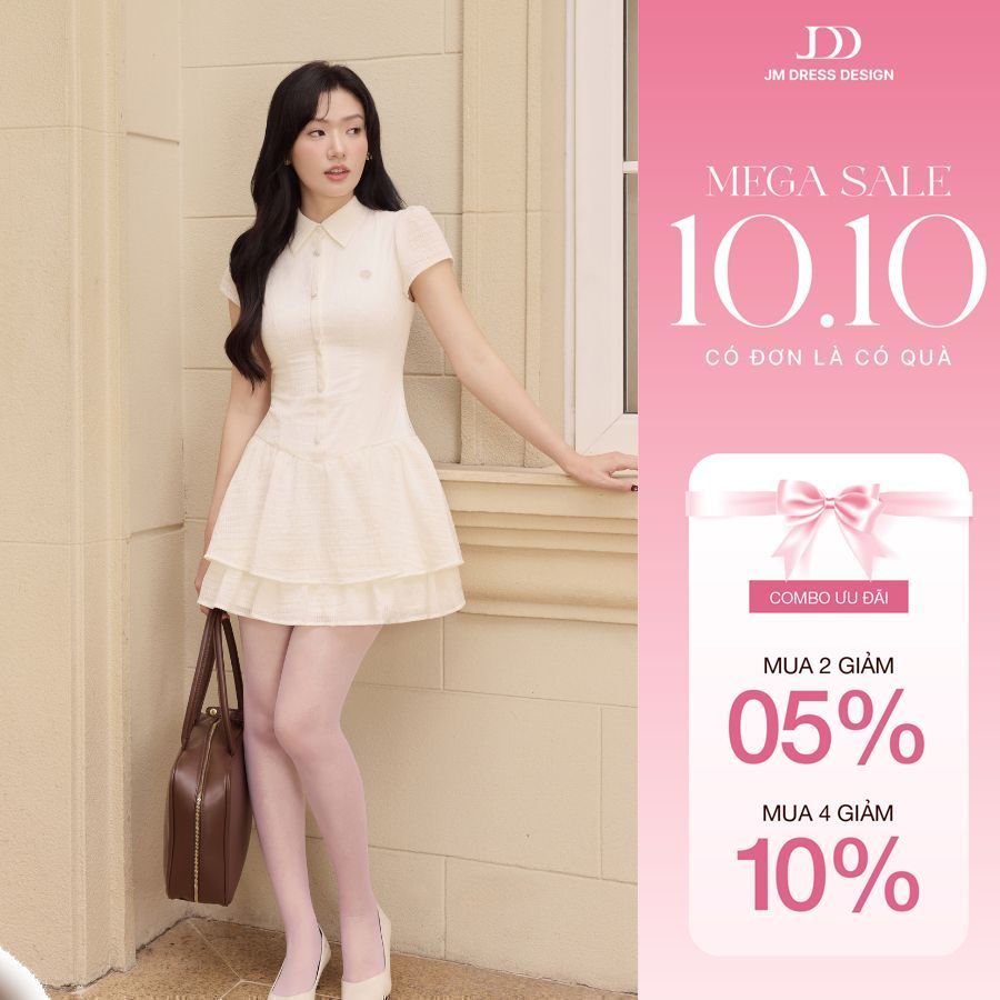 Đầm Xuân Hè Cổ Đức, Nhún Chân 2 Tầng 1S17.2602, Đầm Mini Dáng Ôm Nhẹ Phối Cổ Sơ Mi Chân Váy Xếp Tầng Bồng Nhẹ By JM