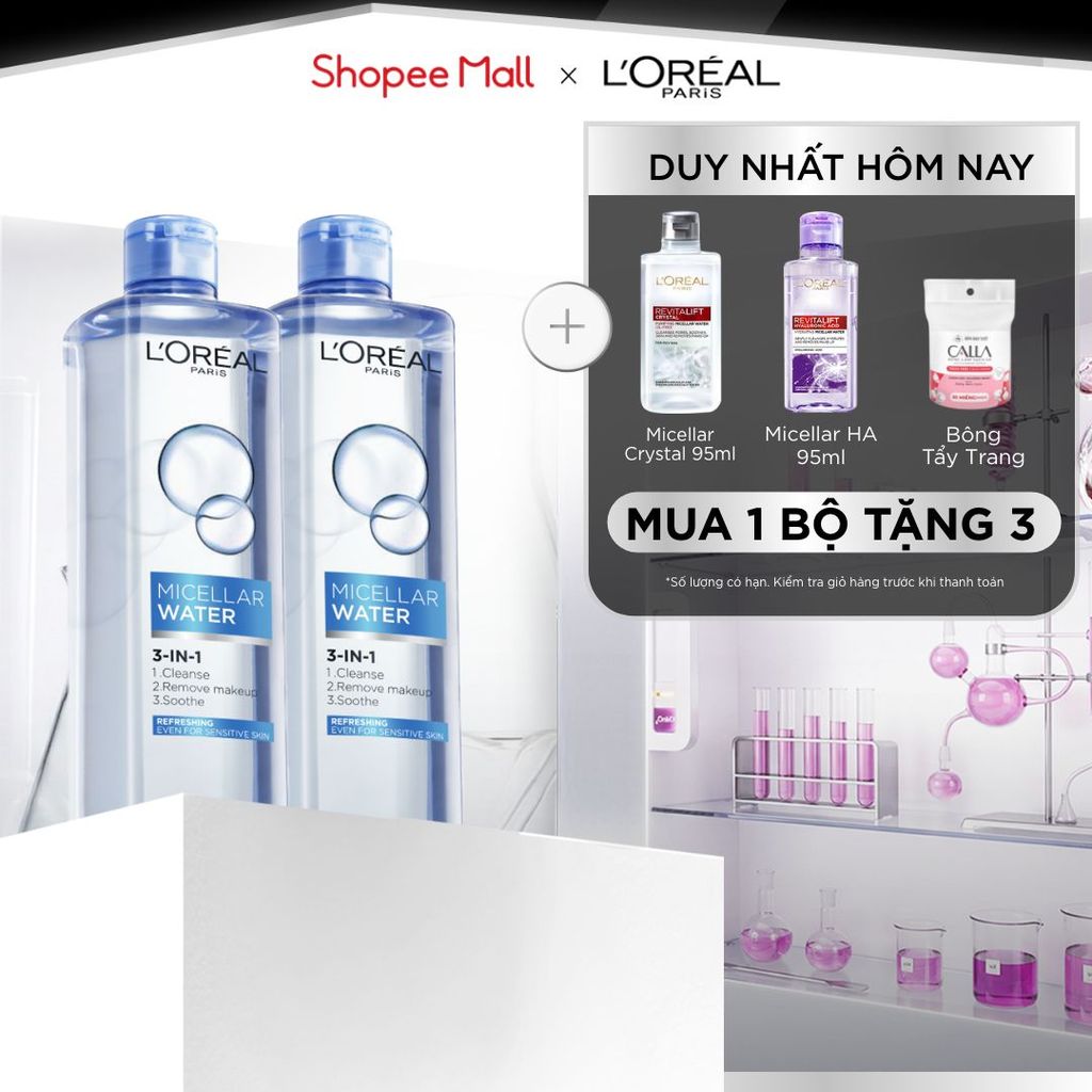 Bộ 2 nước tẩy trang đa năng 3in1 tươi mát L'Oreal Paris (xanh dương nhạt) 400ml