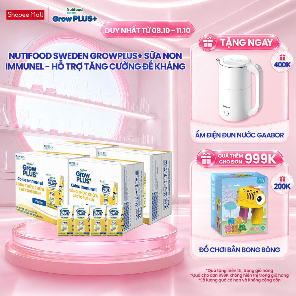 Combo 4 Thùng 24 hộp Sữa Bột Pha Sẵn Nutifood Sweden GrowPLUS+ Sữa Non Immunel hộp 110 ml (Bao bì tuỳ lô hàng)