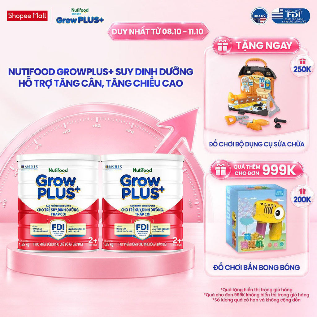 Combo 2 Sữa bột Nutifood GrowPLUS+ Suy Dinh Dưỡng (Đỏ) 2+ - Tăng Cân, Tăng Chiều Cao (2 Lon 1,65 Kg)