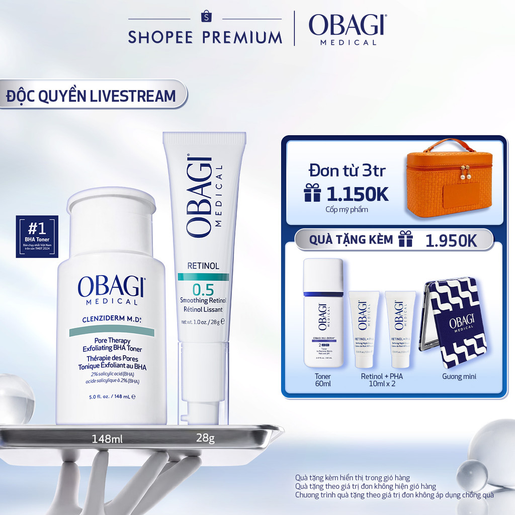 Bộ đôi dưỡng da Dung dịch Obagi Clenziderm M.D BHA Toner 148ml và Kem Dưỡng Đêm Obagi Retinol 0.5 (28g)